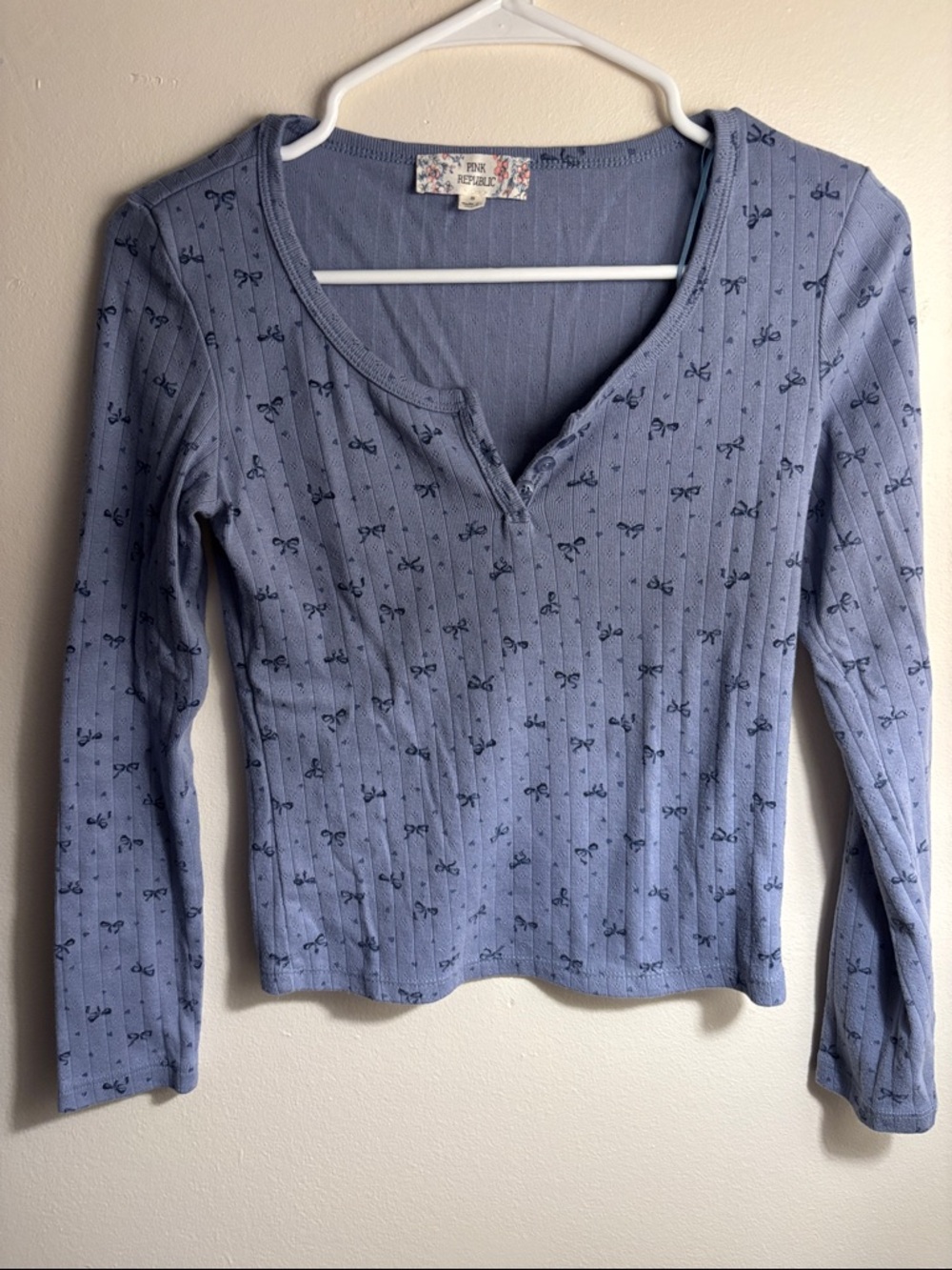 Pink Republic Dusty Blue Ribbed Henley Top with Navy Bow Print